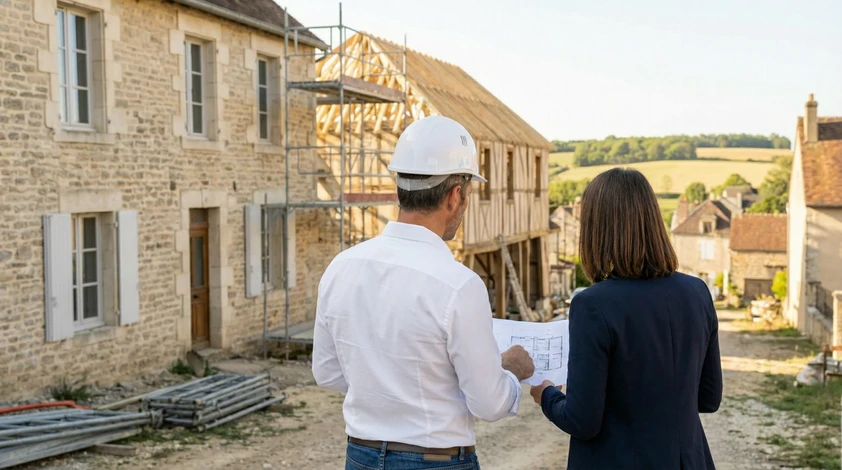 Photographie d'un manager ou responsable de chantier expérimenté, en tenue professionnelle (chemise ou polo blanc aux couleurs de l'entreprise), sur un chantier de construction actif, regardant des plans ou des documents avec un client, montrant une discussion constructive et une relation de confiance. L'arrière-plan doit montrer un chantier réel en cours de travaux (façade, éléments de structure, ou équipements de chantier), sans personnages supplémentaires, l'accent étant mis sur l'échange professionnel et l'engagement personnel du manager auprès du client.