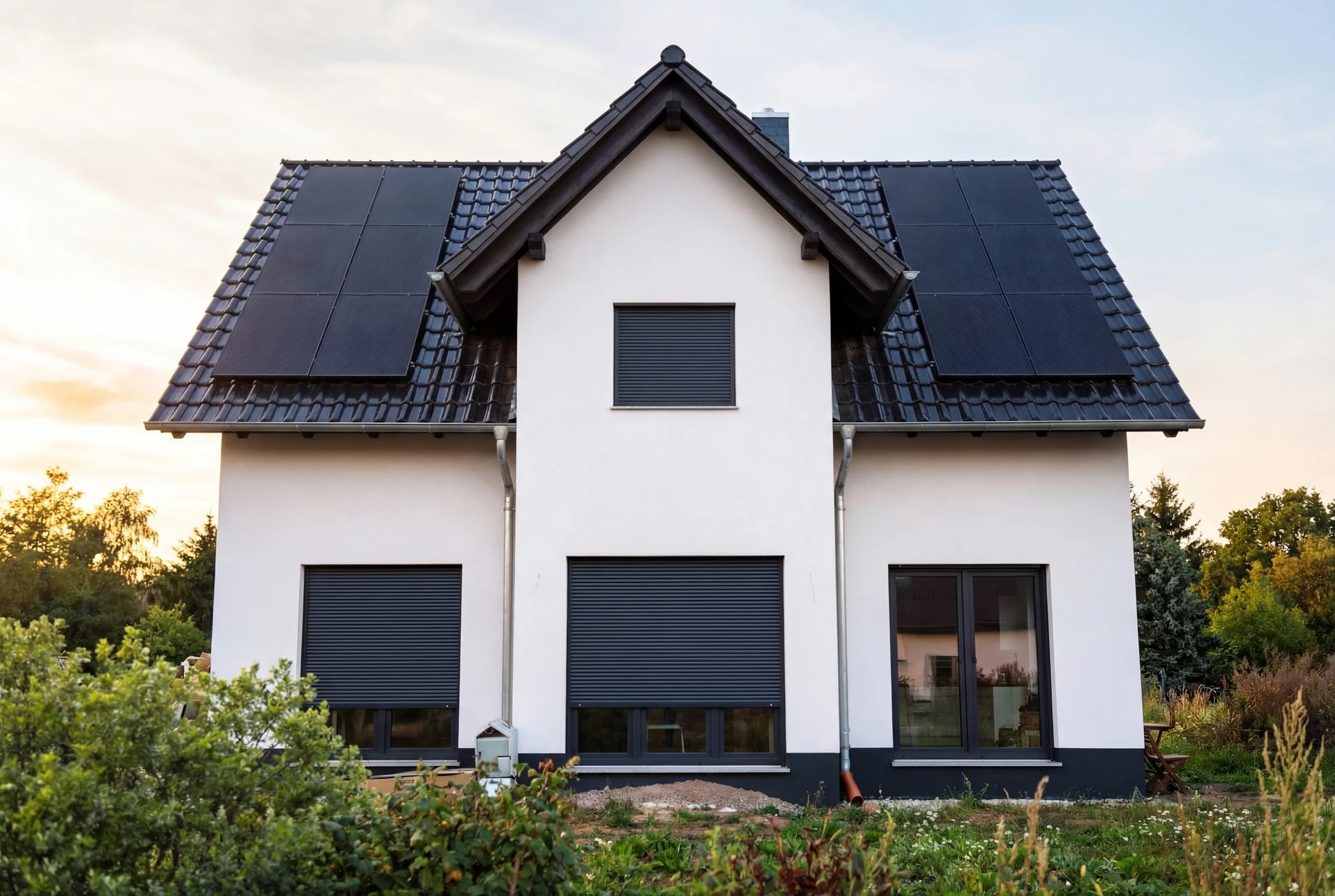Chantier de construction extérieur avec charpentes bois en cours d'assemblage